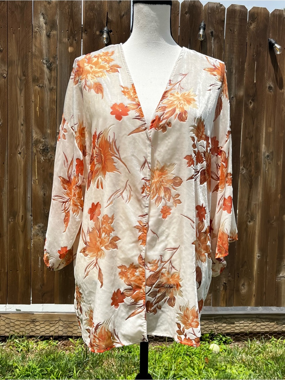 Forever 21 Contemporary Velvet Cream Kimono with Orange Floral Print